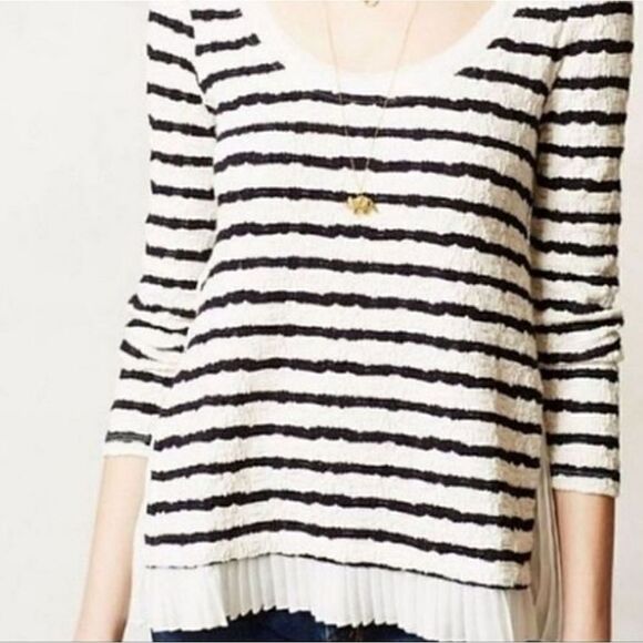 Anthropologie Postage Walkwrite Longsleeve Tee Pleated Inset Navy White  XS - Picture 2 of 11